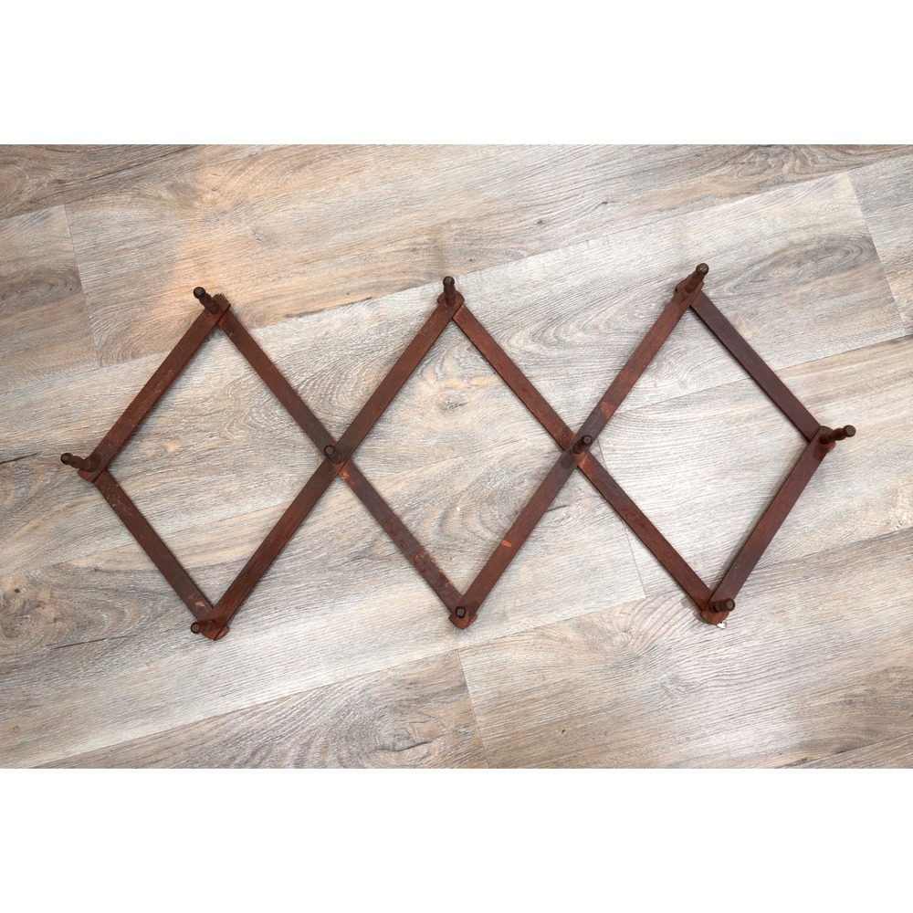 Vintage Wooden Accordion Wall Rack 10 Peg Collapsible Expandable Hat Coat Hanger